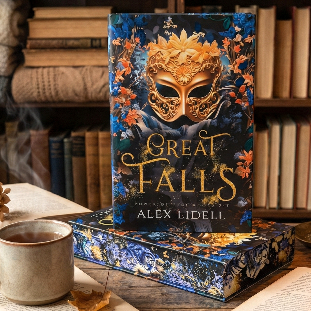 Book titled 'Great Falls' by Alex Lidell with a decorative mask on the cover, placed on a wooden surface with a cup and books in the background.
