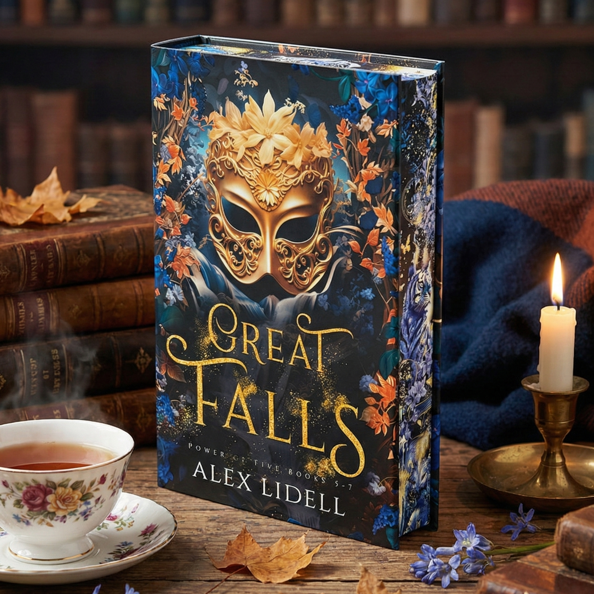 Book titled 'Great Falls' by Alex Lidell on a wooden table with a cup of tea and candles.